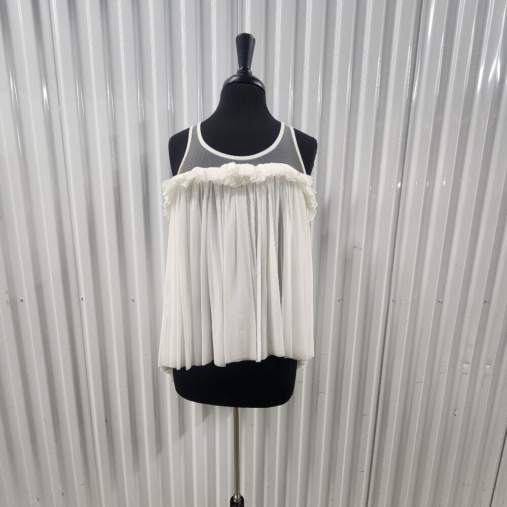 Gracia Pullover Asymmetrical Sleeveless Sheer Ruffle Top White